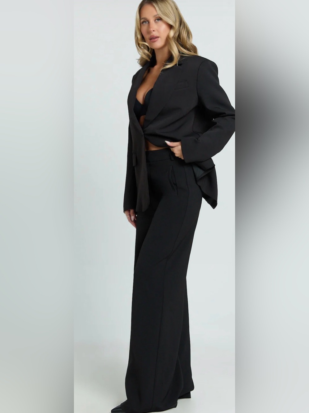 Showpo Selena Pants - High-Waisted Wide-Leg Tailored Pants in Black